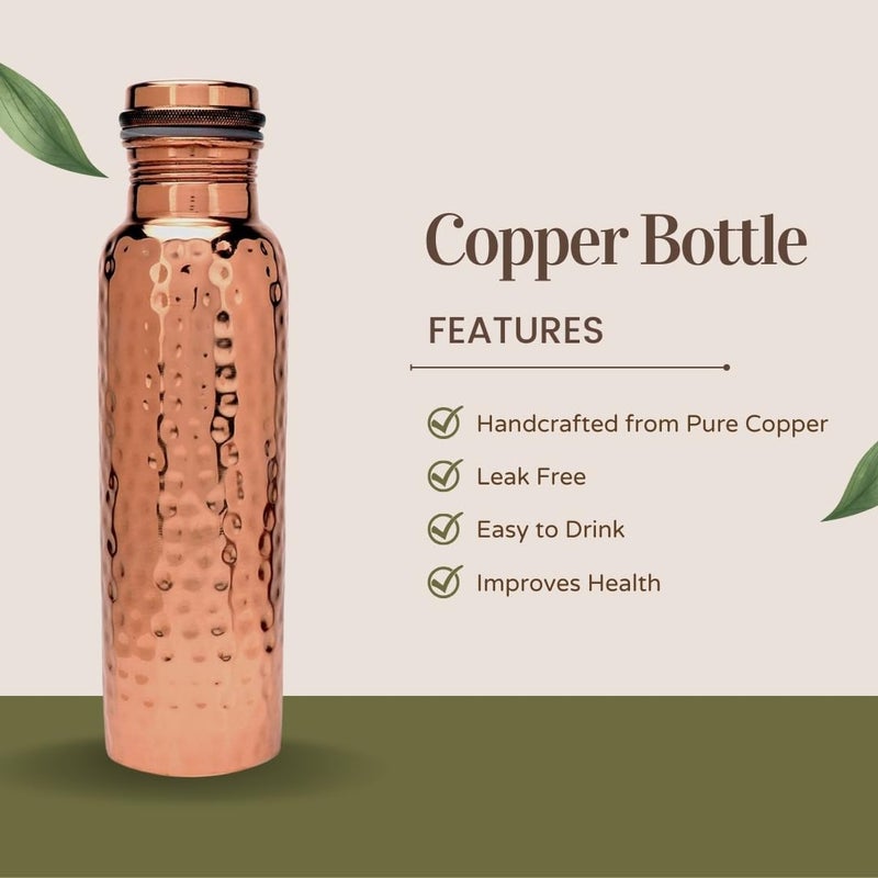 Perilla Home Pure Copper Water Bottle 34 Oz Leak Proof 100% Pure - Ayurvedic Copper Vessel - Drink More Water And Enjoy The Health Benefits Immediately - For Gym, Yoga Bottle (Hammered) - Image 2